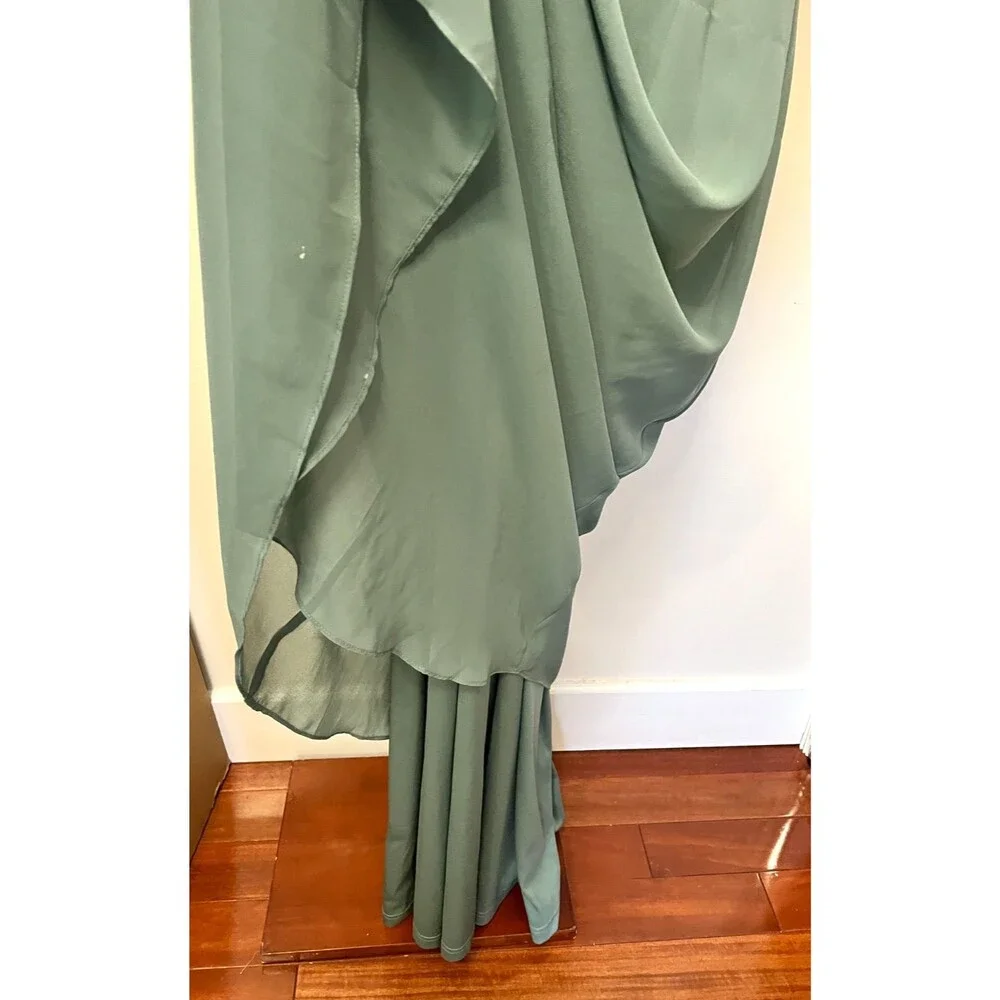 BIRDY GREY Womens S Dress Gown One Shoulder Chiffon Sea Glass Green Goddess Maxi